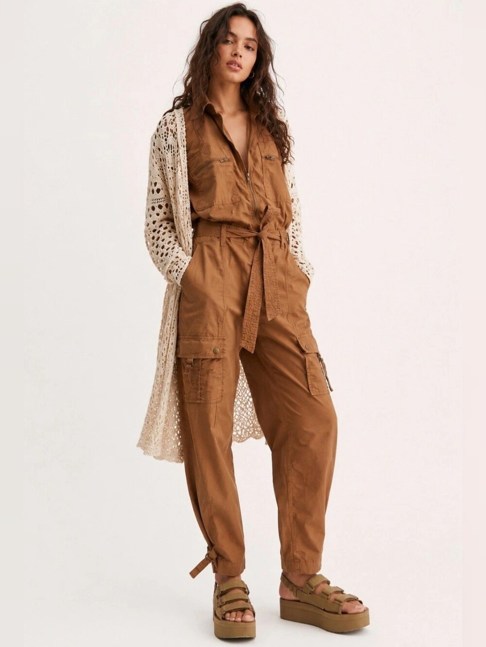 ​PISTOLA Aidy Cargo Jumpsuit Utility Romper Belted Brown Tan Sz Small Boho Fall
